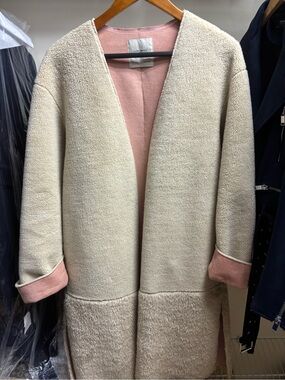 Zara Cream Teddy Coat with Pink Lining and Cuff Detail
